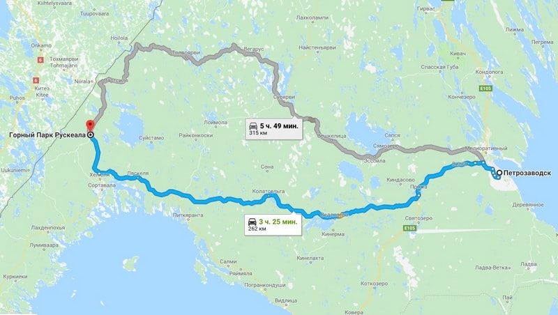 маршрут от Петрозаводска до Рускеалы