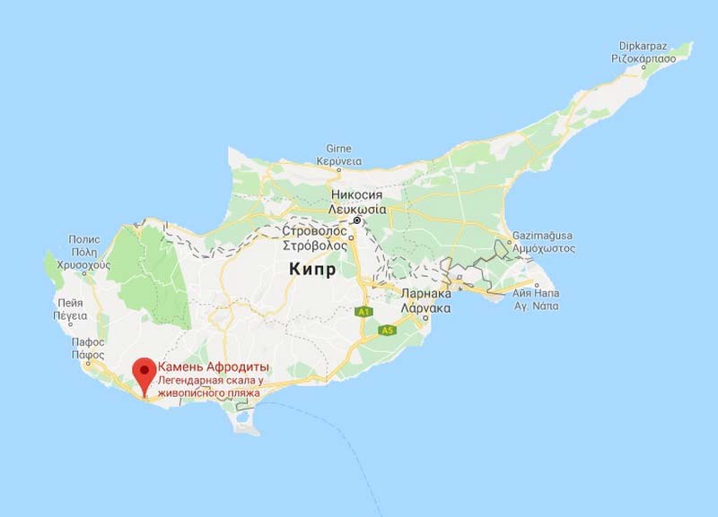 Бухта Афродиты на карте Кипра