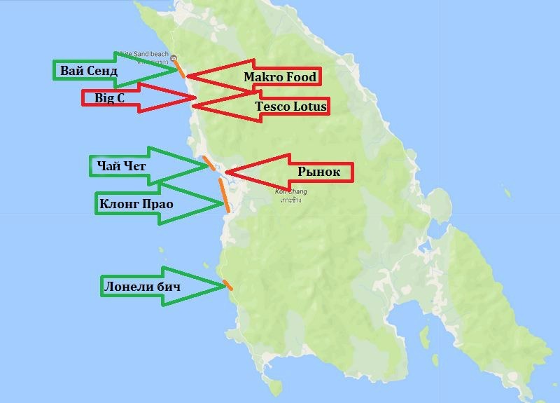 Остров ко Чанг на карте. Пляжи ко Чанга на карте. Остров ко Чанг на карте Тайланда.